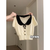 FCSE6424005 薄款短袖冰絲針織衫女夏季2024修身顯瘦娃娃領短版上衣韓版修身潮
