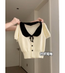 FCSE6424005 薄款短袖冰絲針織衫女夏季2024修身顯瘦娃娃領短版上衣韓版修身潮