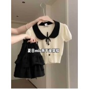 FCSE6424005 薄款短袖冰絲針織衫女夏季2024修身顯瘦娃娃領短版上衣韓版修身潮