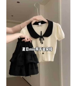 FCSE6424005 薄款短袖冰絲針織衫女夏季2024修身顯瘦娃娃領短版上衣韓版修身潮