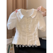 FCSE6424003 2026春款韓系學院風白色泡泡袖襯衫休閒褲兩件式女百搭顯瘦套裝