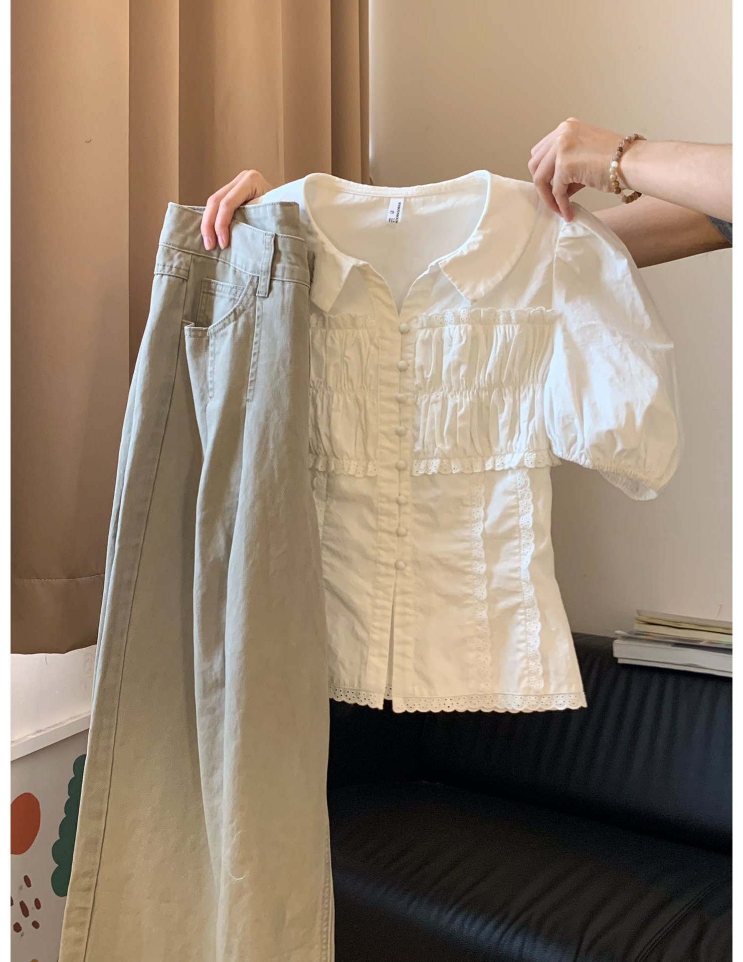 FCSE6424003 2026春款韓系學院風白色泡泡袖襯衫休閒褲兩件式女百搭顯瘦套裝