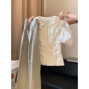 FCSE6424003 2026春款韓系學院風白色泡泡袖襯衫休閒褲兩件式女百搭顯瘦套裝