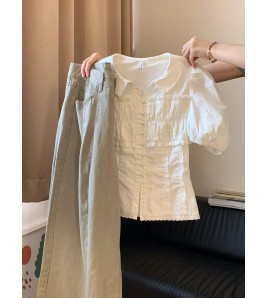 FCSE6424003 2026春款韓系學院風白色泡泡袖襯衫休閒褲兩件式女百搭顯瘦套裝