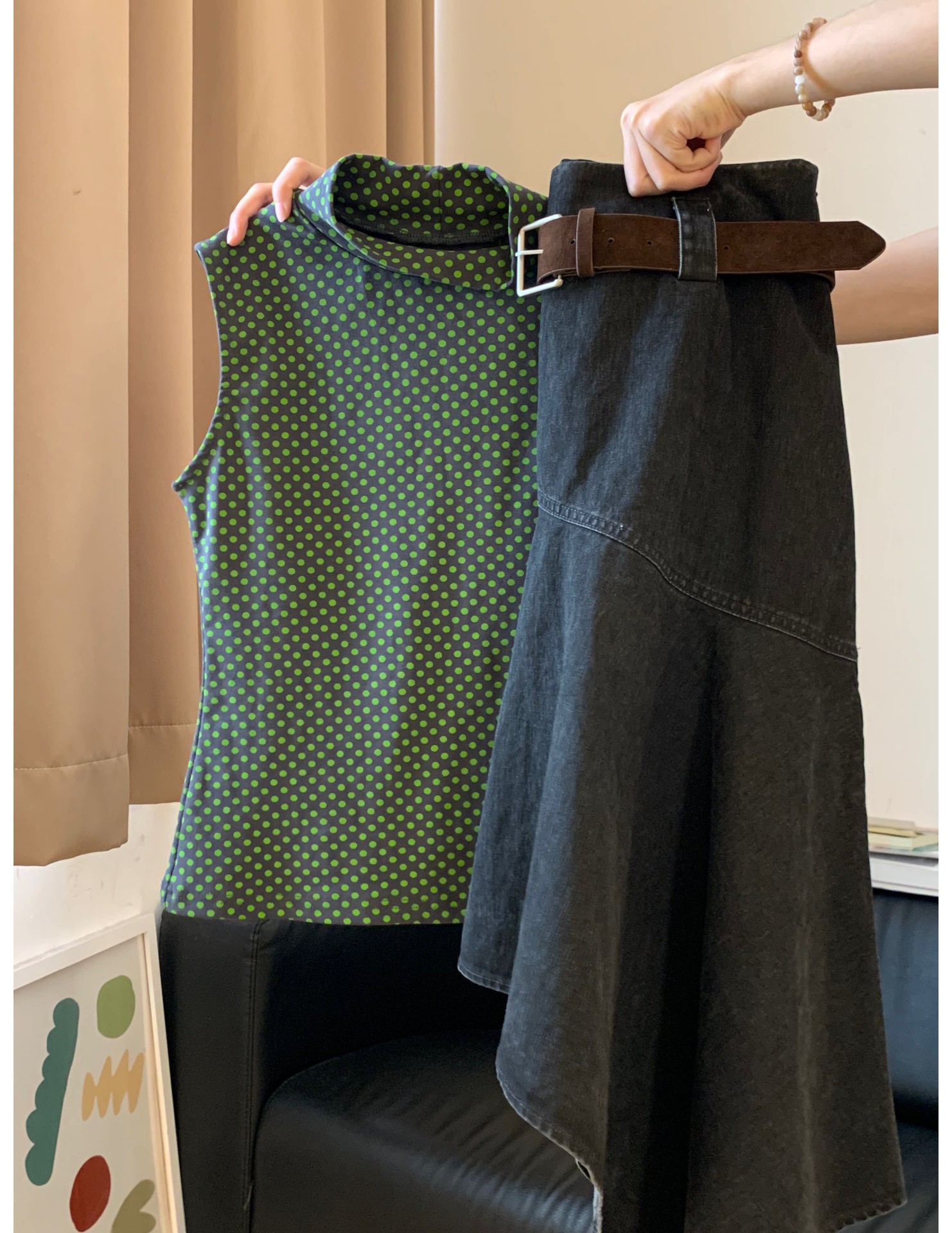 FCSE6424004 2026春綠色波點上衣不規則半身裙兩件女顯瘦百搭修身氣質套裝