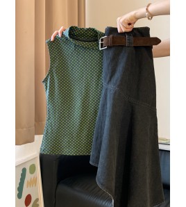 FCSE6424004 2026春綠色波點上衣不規則半身裙兩件女顯瘦百搭修身氣質套裝