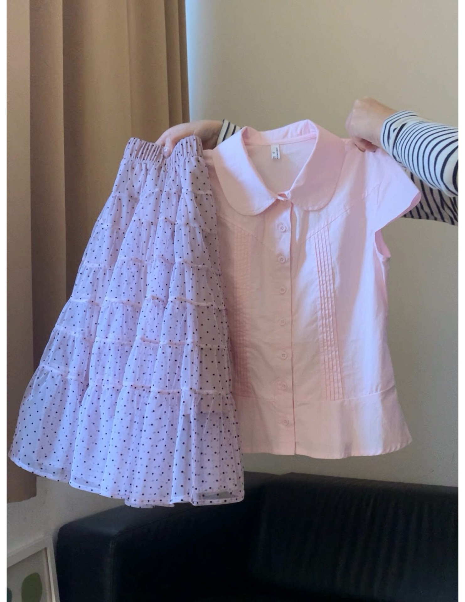 FCSE6424006 2026春款溫柔韓系風波點半身裙短袖套裝女修身上衣顯瘦兩套