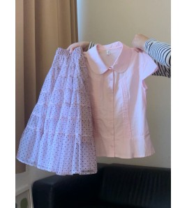 FCSE6424006 2026春款溫柔韓系風波點半身裙短袖套裝女修身上衣顯瘦兩套