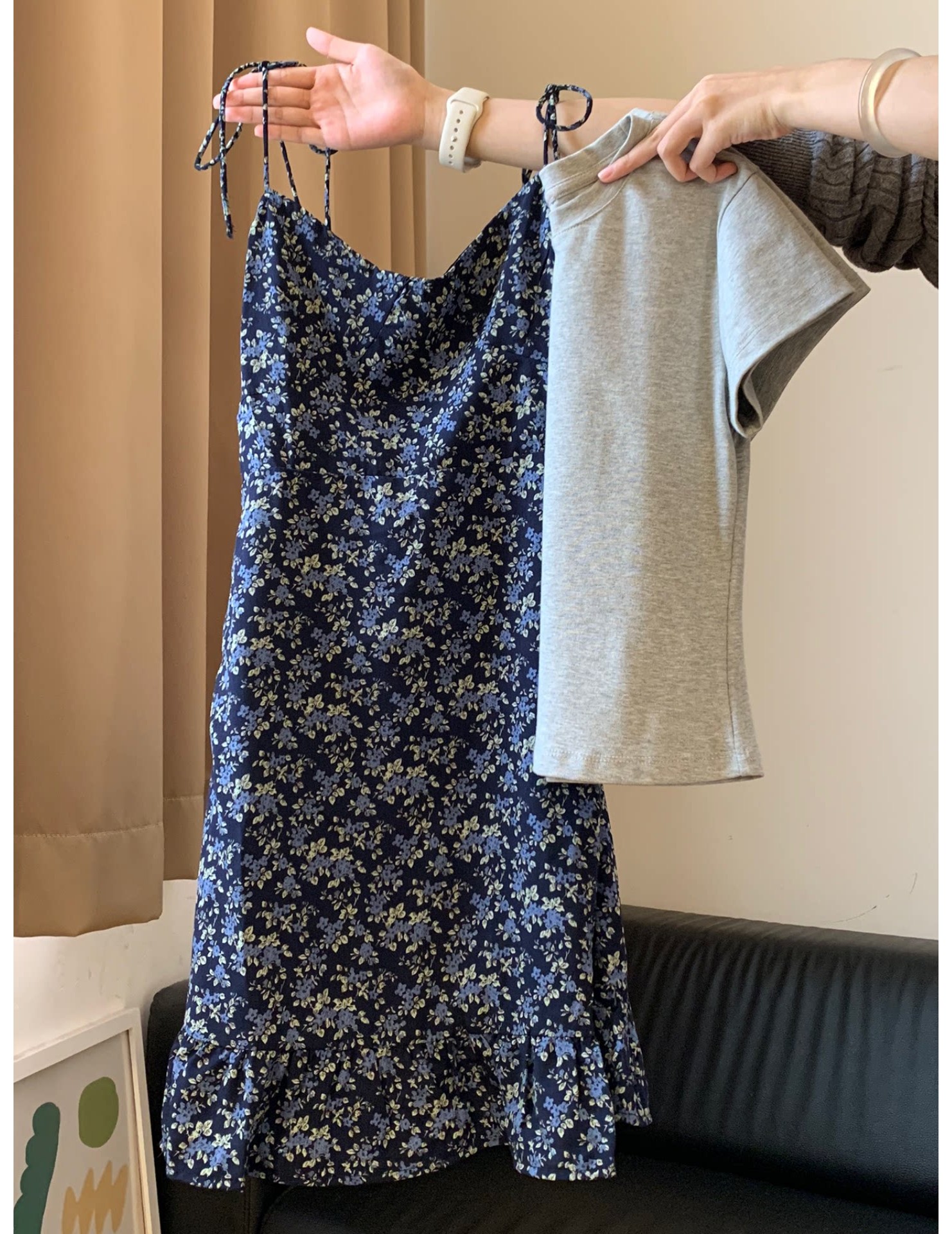 FCSE6424007 2026韓版簡約碎花吊帶裙灰色短袖女修身顯瘦兩件式休閒百搭穿搭