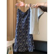 FCSE6424007 2026韓版簡約碎花吊帶裙灰色短袖女修身顯瘦兩件式休閒百搭穿搭