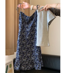 FCSE6424007 2026韓版簡約碎花吊帶裙灰色短袖女修身顯瘦兩件式休閒百搭穿搭