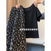 FCSE6424008 黑色短袖t卹碎花半身裙長裙兩件套裝女夏季洋氣氣質減齡