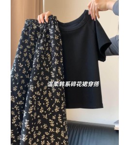 FCSE6424008 黑色短袖t卹碎花半身裙長裙兩件套裝女夏季洋氣氣質減齡