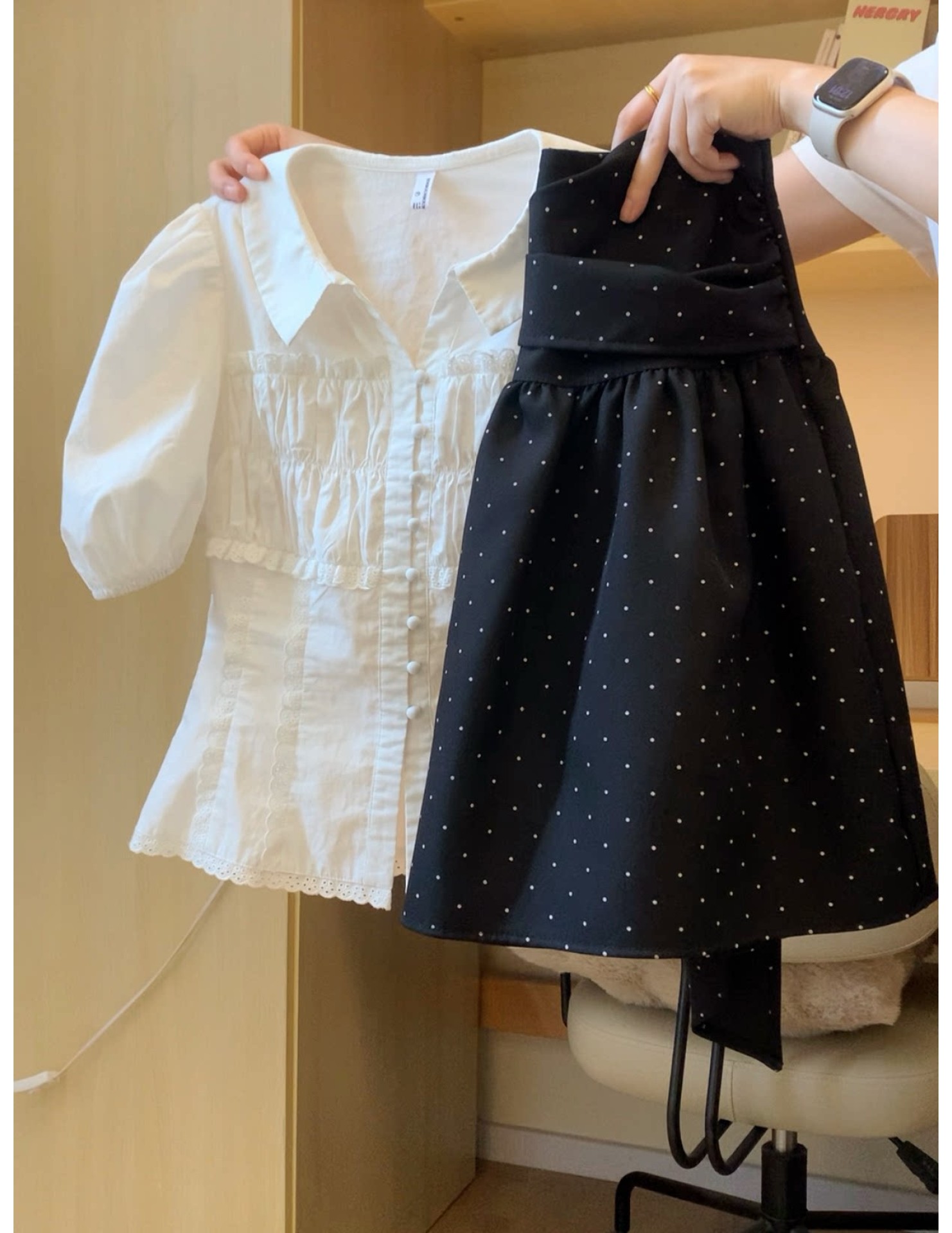 FCSE6424009 2026韓系甜美風泡泡袖襯衫波點半身裙套裝女夏季收腰顯瘦兩件套