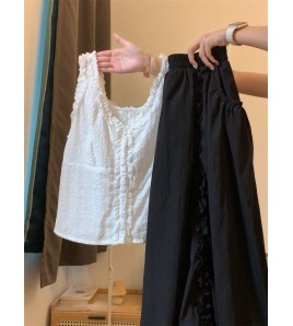 FCSE6424010 清純系夏日穿搭套裝女鏤空花邊吊帶背心高腰蓬蓬花苞半身裙兩件套