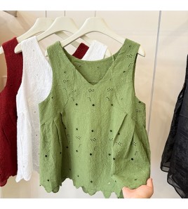 FCSE6424011 2026夏季小清新綠色V領鏤空吊帶背心碎花半身裙兩件套女顯瘦穿搭