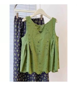 FCSE6424011 2026夏季小清新綠色V領鏤空吊帶背心碎花半身裙兩件套女顯瘦穿搭