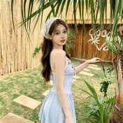 HSPN64250001 小草莓法式甜美風花朵刺繡吊帶洋裝分體女夏收腰顯瘦度假風