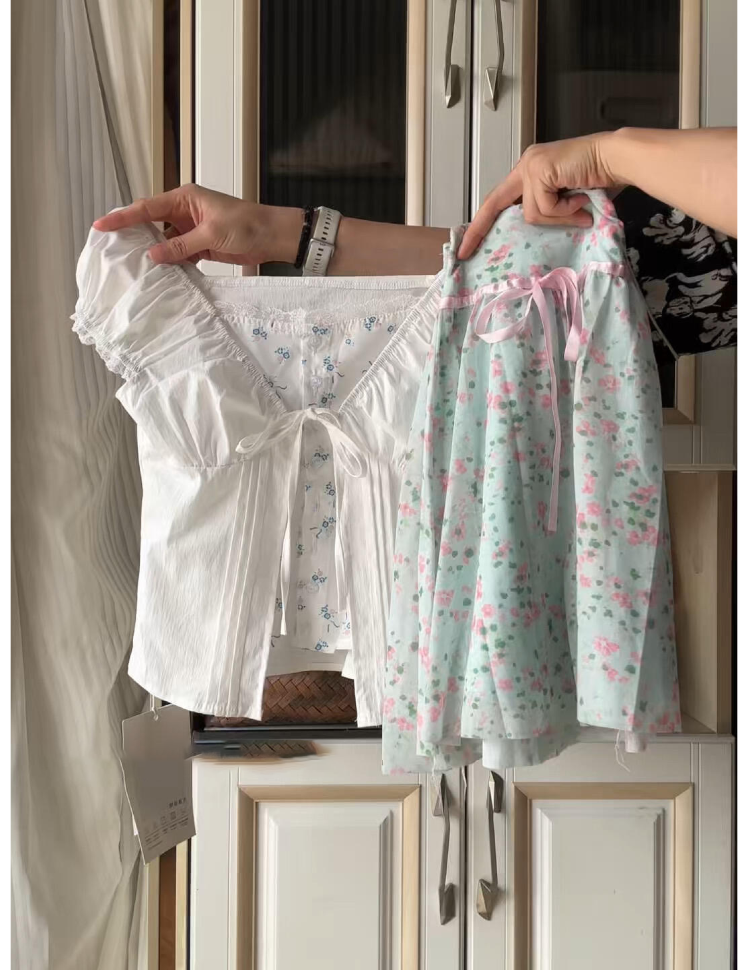 FCSE6430001 休閒套裝女假兩件繫帶短袖襯衫碎花短裙兩件套