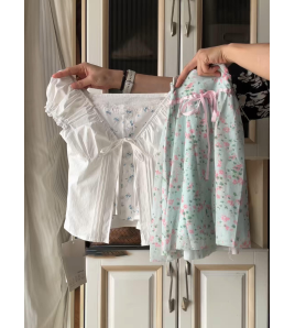 FCSE6430001 休閒套裝女假兩件繫帶短袖襯衫碎花短裙兩件套