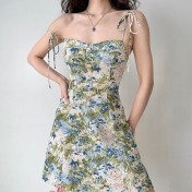 FCSE6514001 法式复古肩部绑带印花吊带裙女夏修身收腰a字海边短裙
