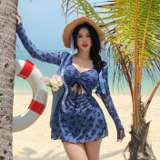 HEXW6505001 復古碎花大碼微胖游泳衣女純欲連體裙式保守長袖防曬海邊度假顯瘦