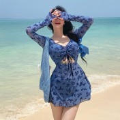 HEXW6505001 復古碎花大碼微胖游泳衣女純欲連體裙式保守長袖防曬海邊度假顯瘦
