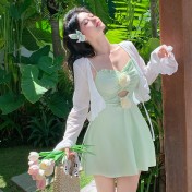 HEXW6505A100001 2026新款大碼游泳衣女士微胖女孩遮肉顯瘦帶罩衫胖mm綠色溫泉度假