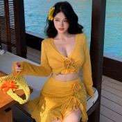HEXW6505A100002 新款大碼微胖分體長裙三件套海邊度假泳衣女比基尼分體高級性感辣