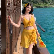 HEXW6505A100002 新款大碼微胖分體長裙三件套海邊度假泳衣女比基尼分體高級性感辣