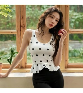 LYOK6520001 全新波點印花瑜珈服荷葉邊可拆式胸墊瑜珈美背普拉提健身運動上衣