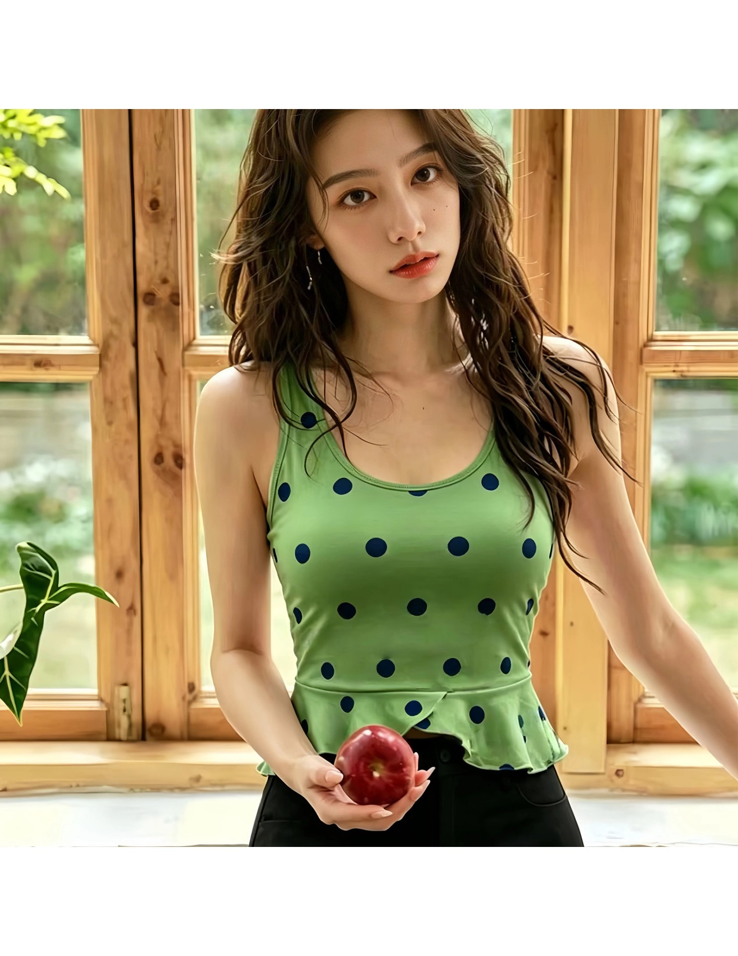 LYOK6520001 全新波點印花瑜珈服荷葉邊可拆式胸墊瑜珈美背普拉提健身運動上衣