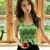 LYOK6520001 全新波點印花瑜珈服荷葉邊可拆式胸墊瑜珈美背普拉提健身運動上衣