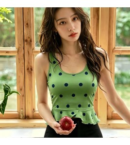 LYOK6520001 全新波點印花瑜珈服荷葉邊可拆式胸墊瑜珈美背普拉提健身運動上衣