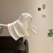 FCSE6528001 灰色刺繡褶皺顯瘦圓領短袖內搭正肩女t卹2026夏季蝴蝶結修身上衣
