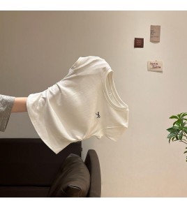 FCSE6528001 灰色刺繡褶皺顯瘦圓領短袖內搭正肩女t卹2026夏季蝴蝶結修身上衣