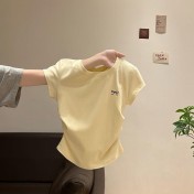 FCSE6528001 灰色刺繡褶皺顯瘦圓領短袖內搭正肩女t卹2026夏季蝴蝶結修身上衣
