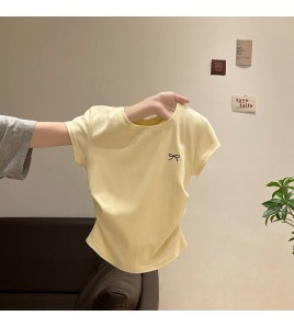 FCSE6528001 灰色刺繡褶皺顯瘦圓領短袖內搭正肩女t卹2026夏季蝴蝶結修身上衣