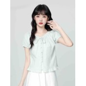 FCSE6614001 甜美減齡一字肩泡泡袖襯衫女夏季2026全新超好看蕾絲拼接短版上衣