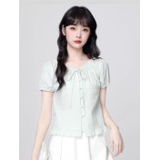 FCSE6614001 甜美減齡一字肩泡泡袖襯衫女夏季2026全新超好看蕾絲拼接短版上衣