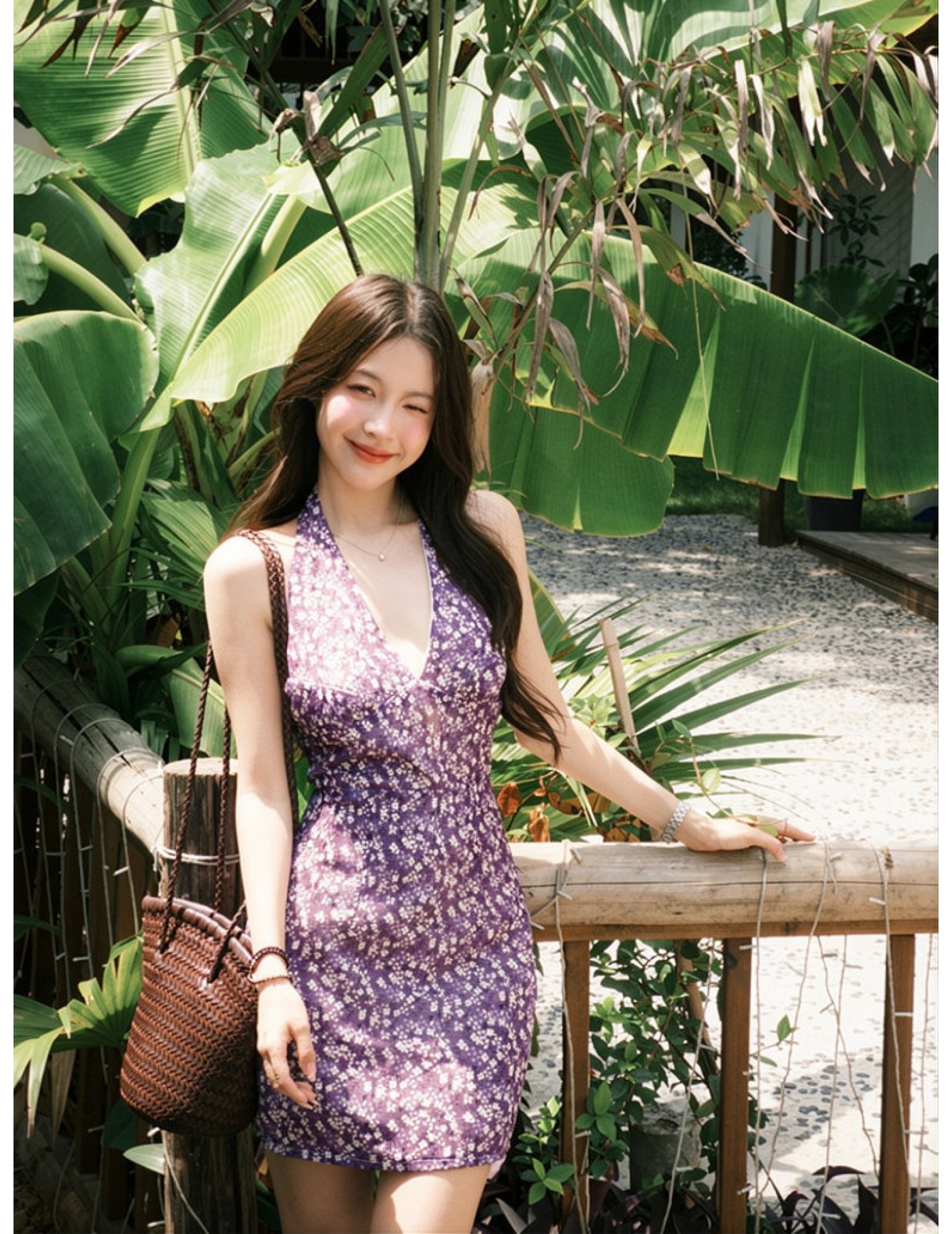 FCSE6619001 2026 New Country Style Floral Print Sleeveless Backless Mini Dress with French Halter Neckline Slim Fit