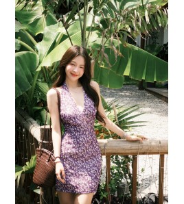 FCSE6619001 2026 New Country Style Floral Print Sleeveless Backless Mini Dress with French Halter Neckline Slim Fit