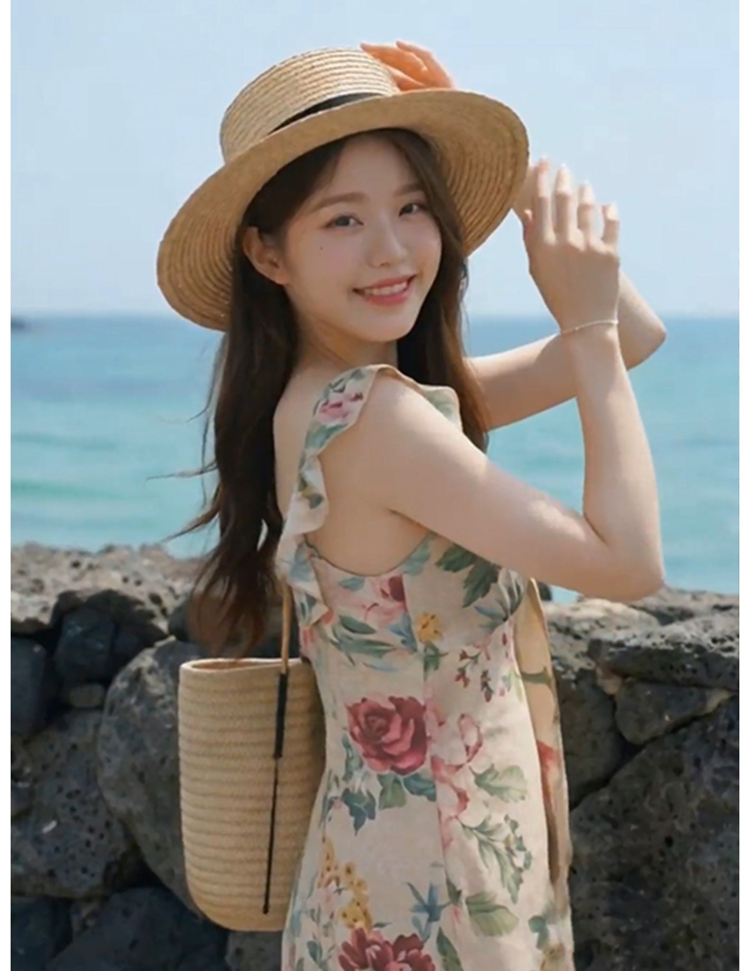 FCSE6620001 Summer New Women's French Retro Spicy Girl Vacation Style Printed Short Dress with Ruffled Neck Slim Fit Jumpsuit