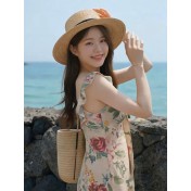 FCSE6620001 Summer New Women's French Retro Spicy Girl Vacation Style Printed Short Dress with Ruffled Neck Slim Fit Jumpsuit