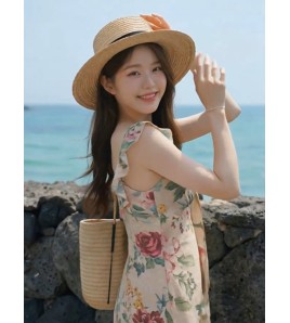 FCSE6620001 Summer New Women's French Retro Spicy Girl Vacation Style Printed Short Dress with Ruffled Neck Slim Fit Jumpsuit
