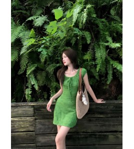 FCSE6622001 Summer New French Retro Niche Design Bow Tie Puff Sleeve Slim Fit Dress/Mini Skirt