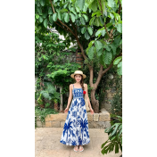 FCSE6624001 Brand New Blue and White Floral Print Strapless Backless Sexy Dress