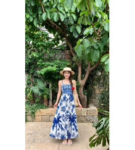 FCSE6624001 Brand New Blue and White Floral Print Strapless Backless Sexy Dress