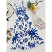FCSE6624001 Brand New Blue and White Floral Print Strapless Backless Sexy Dress