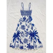 FCSE6624001 Brand New Blue and White Floral Print Strapless Backless Sexy Dress